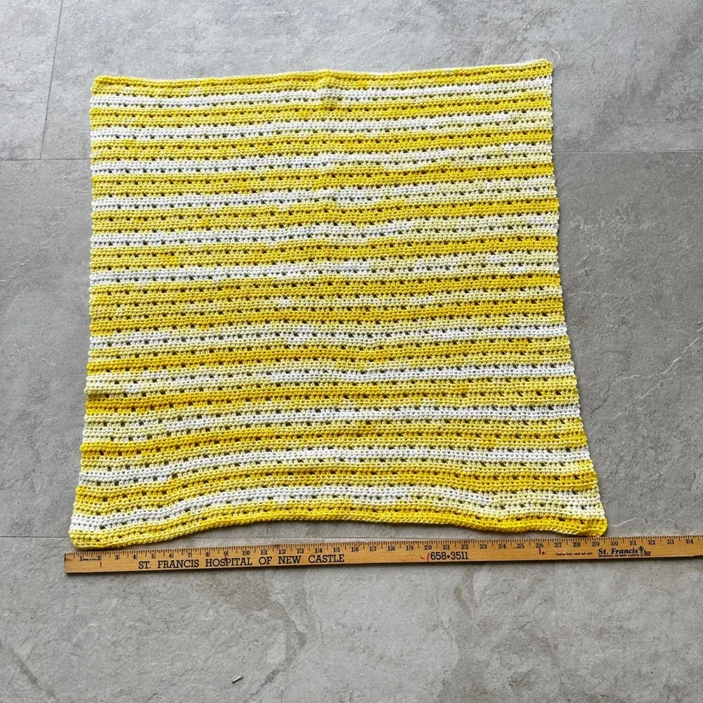 Handmade Crochet Baby Blanket Yellow White Striped Knit Nursery Throw 28x30